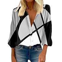 Womens Buttons Casual Blouses Cool 3/4 Sleeve Stretch Print Shirts Cozy V Neck Printing Relaxed Fit Outdoor Tops