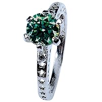 1.61 ct VS1 Round Real Moissanite Solitaire Engagement Silver Plated Ring Green Color Size 8