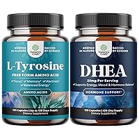 Bundle of Free Form L Tyrosine 500mg Capsules for Mental Energy and Focus Support and Pure DHEA 25mg for Women and Men for Mood Energy and Immune Support