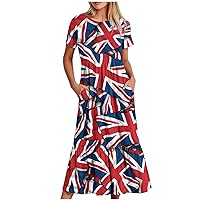 Women's British Flag Maxi Dress Summer Short Sleeve Crewneck Elegant A-Line Dresses Casual Beach Dress with Pockets