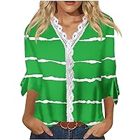 YZHM Womens Fashion Shirts 3/9 Sleeve Tops Marble Print Tshirts V Neck Lace Trim Tunic Tops Dressy Casual Blouses Trendy Tees, Going Out Tops for Women, Casual Fall Tops for Women