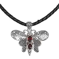 NOVICA Handmade .925 Sterling Silver Garnet Pendant Necklace Leather Moth from Indonesia Red Animal Themed Birthstone Butterfly 'Bali Moth in Red'