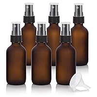 JUVITUS 2 oz Frosted Amber Glass Boston Round Bottle with Black Fine Mist Spray (6 Pack) + Funnel