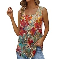 Summer Tops for Women 2023 Trendy, Casual Square Neck Tank Tops High Waist Pleated Floral Print Beach Shirts Blouses