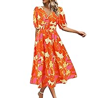 Women's Spring Dresses 2024 V-Neck Bohemian Print Short Sleeve Dress A Line Skirt Summer Dresses, S-2XL