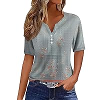 Summer Tops for Women 2024 Vacation Trendy Button V Neck Boho Short Sleeve Tshirts Casual Loose Comfy Tunic Blouse