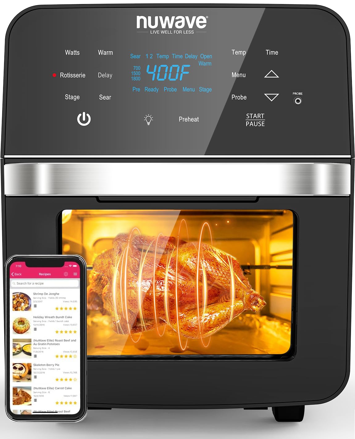 Nuwave Brio Air Fryer Oven, 15.5Qt X-Large Family Size, SS Rotisserie Basket &-Skewer Kit, Powerful 1800W, 50F-425F Temp Controls, Integrated Smart Thermometer