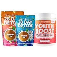 28 Day Detox Tea Kit: 1 Daytime Tea (28 Bags) 1 Evening Detox Tea (14 Bags) Non GMO, Vegan, All Natural Detox and Cleanse Plus Youth Boost Multi-Collagen Powder