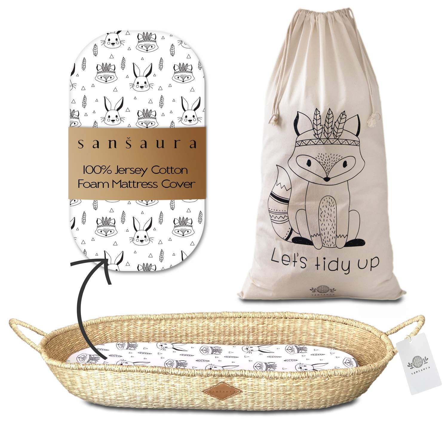 Sansaura Nursery Set - Seagrass Baby Changing Basket, Diaper Basket, with Thick Waterproof Pad & 100% Cotton Fitted Sheet, Toy Storage Bag, Woodland Designs, Shower Gift for Newborns, Boho Nursery