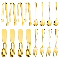 Cheese Butter Spreader Knives Set Charcuterie Accessories 16 Pieces Charcuterie Boards Utensils Stainless Steel Spreader Knife Mini Serving Tongs Spoons and Forks for Jam Appetizers Pastry (Gold)