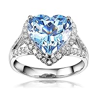 Valentine's Day Heart Sea Blue Topaz Natural Gemstone 14K White Gold Diamond Promise for Women Wedding Engagement Ring Set