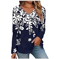 Women Long Sleeve Shirts Trendy V Neck Tunic Tops Casual Basic Tees Soft Pullover Printed T-Shirt Loose Fit Blouses
