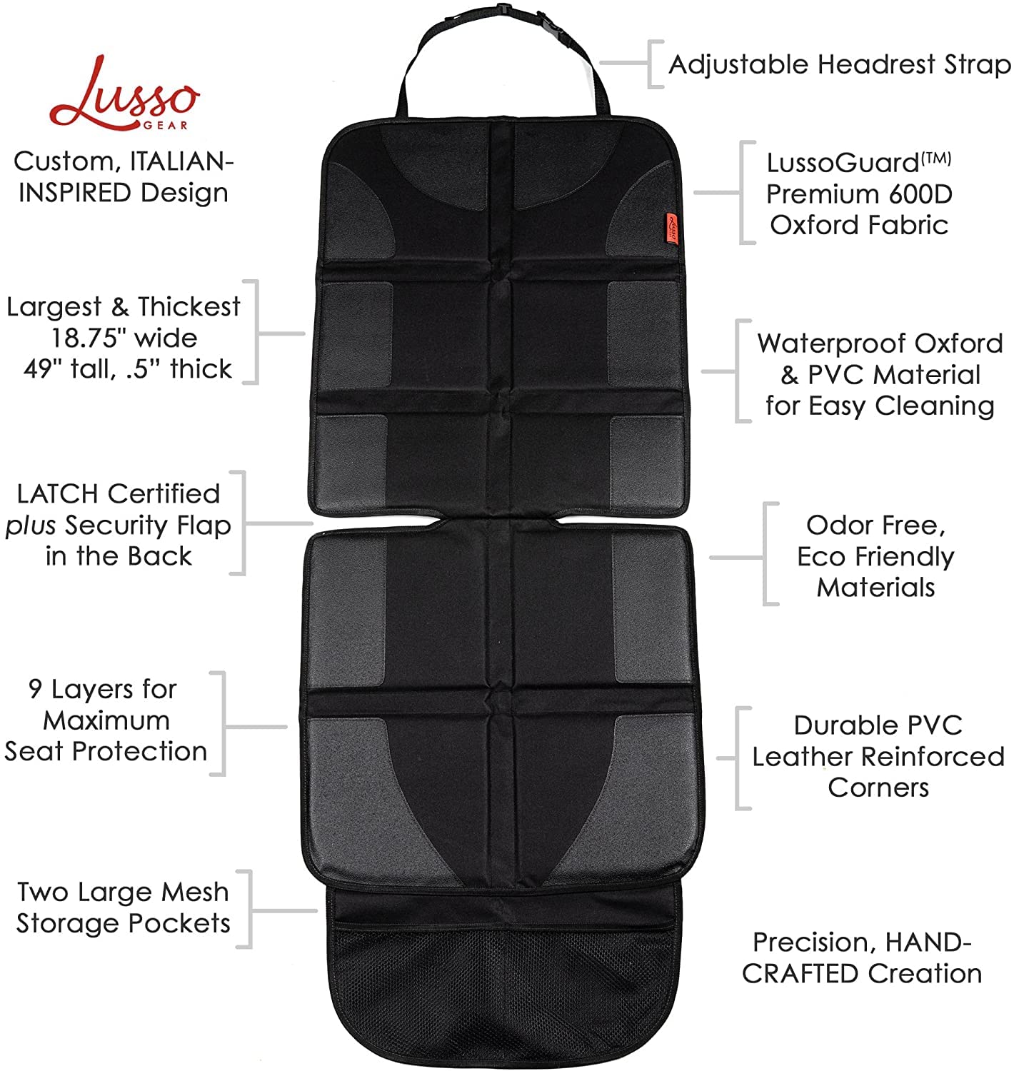 Lusso Gear Two Pack of Car Seat Protector (Black w/Red) + Two Pack of Heavy Duty Kick Mats (Black w/Red), Waterproof, Protects Fabric or Leather Seats, Premium Oxford Fabric, Travel Essentials