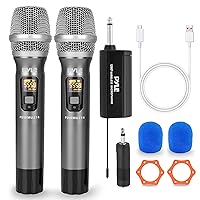 Pyle UHF Wireless Microphone System Kit - Dual Professional Battery Operated Handheld Dynamic Unidirectional Cordless Microphone Transmitter Set w/Adapter Receiver - PA Karaoke DJ Party PDWMU214,Black
