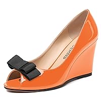 WAYDERNS Womens Patent Slip On Bow Peep Toe Cute Solid Dating Wedge High Heel Pumps Shoes 3.3 Inch