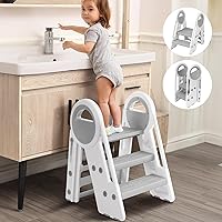 Gimars Upgrade Triple Stability Foldable Adjustable 2 Steps to 3 Steps Toddler Step Stool for Bathroom Sink,Step Stool for Kids with 6 Non-slip Pads & Handles for Toilet Potty Training,Kitchen Counter