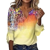 Womens 3/4 Length Sleeve Tops Casual Summer Vneck Shirts Cute Print Tunics Tees Three Quarter Length Sleeve Blouse
