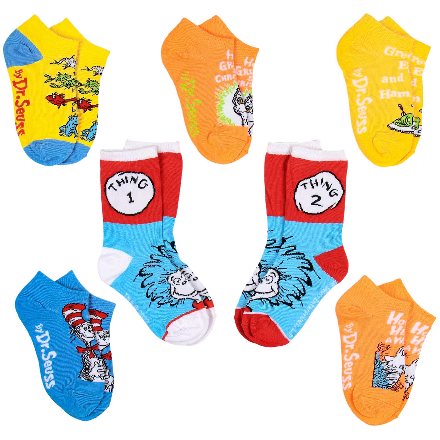 Dr. Seuss Book Titles and Characters Kids Week Of Socks Box Set Crew and Ankle Mix And Match 7 Pairs