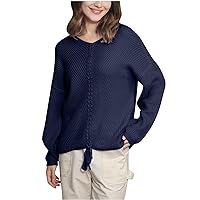 Women Causal Pullover Sweater Drawstring Lace-Up Chunky Knit Top Fall Long Sleeve Loose Trendy Jumpers for Going Out Navy