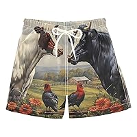 ALAZA Cows and Birds Flowers in A Farm Boy’s Swim Trunk Quick Dry Beach Shorts Swimsuit Bathing Suit Swimwear