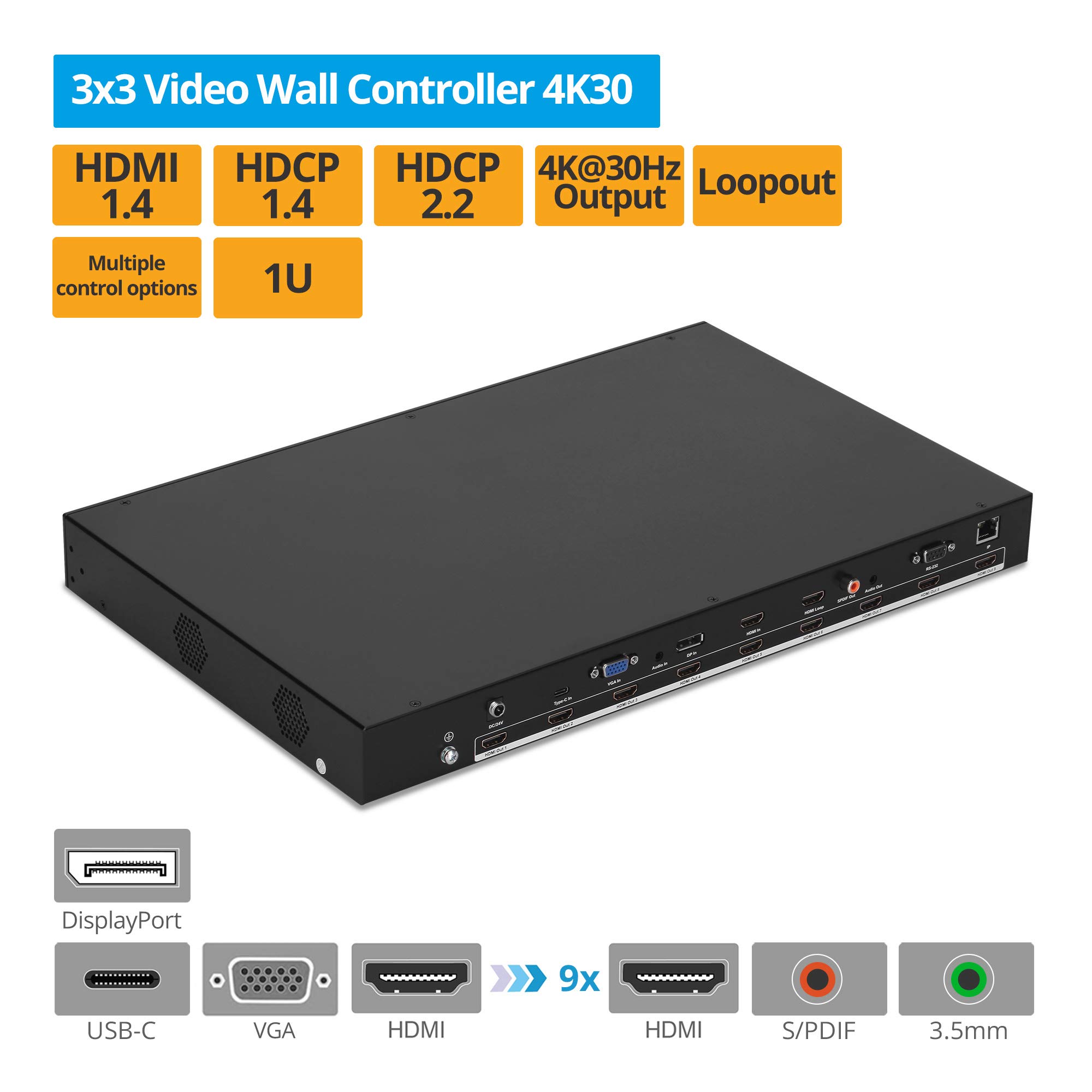 gofanco 3x3 Video Wall Controller and Processor – Up to 4K 30Hz, Inputs (USB-C, VGA, DP, HDMI) - 180º Rotate, Edge Correction, 1U, Audio Extractor - 25 Display Modes, Cascade up to 10x10 (Videowall33)