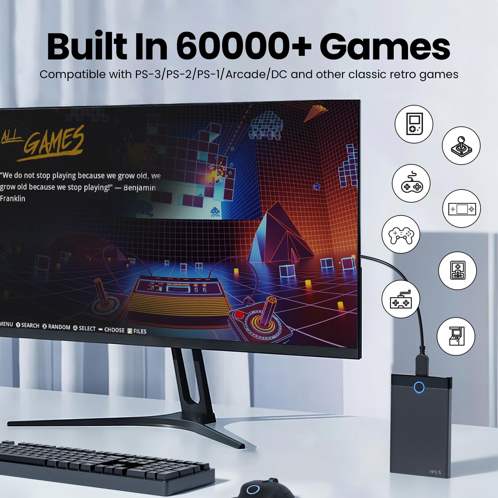 Bearway Retro Game Console 500G HDD- Video Game Console with 60000+Classic Games, External Hard Drive Compatible with 70+Emulators and 3D Games, Super Console for Windows 8.1/10/11, SATA 3.0
