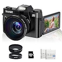 ISHARE 4K Digital Cameras for Photography,16X Digital Zoom Video Camera with Macro Lens & Wide Angle Lens,Vlog Camera Camcorder Auto Focus for Beginner,2 Batteries and 32GB Micro Card