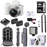 Sony ZV-E10 Mirrorless Camera with 16-50mm Lens, White 128GB SD Card, Backpack, Extra Battery, Charger, Tripod, Strap, Microphone, Screen Protector, LED Light, Filter Kit, Cleaning Kit