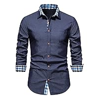 Men's Casual Long-Sleeved Denim Shirt Dress Button Down Shirts Denim Work Shirt Dress Shirt Plaid Collar Shirt
