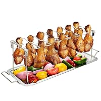 Chicken Leg Wing Rack 14 Slots Stainless Steel Metal Roaster Stand with Drip Tray for Smoker Grill or Oven, Dishwasher Safe, Non-Stick, Great for BBQ, Picnic