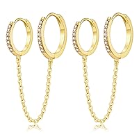 CERSLIMO Small Huggie Hoop Earrings for Women, 14K Gold Plated Sterling Silver Post Chain Hoops Hypoallergenic Dangle Drop Earrings