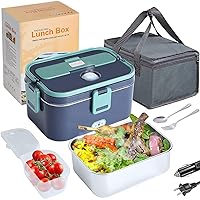 Electric Lunch Box, Food Heated 12V 24V 110V Portable Food Warmer Heater for Car/Truck/Home, 80W Self Heating Box with 1.8L 304 Stainless Steel Container 0.45L Compartment (Green+Royal blue)