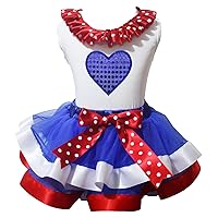 4th July Dress Bling Heart White Shirt Dots Bow Red Blue Petal Skirt Set Nb-8y