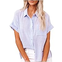 Womens Button Down Shirts Summer Cotton Short Sleeve Blouses V Neck Collared Linen Beach Casual Tops with Chest Pocket