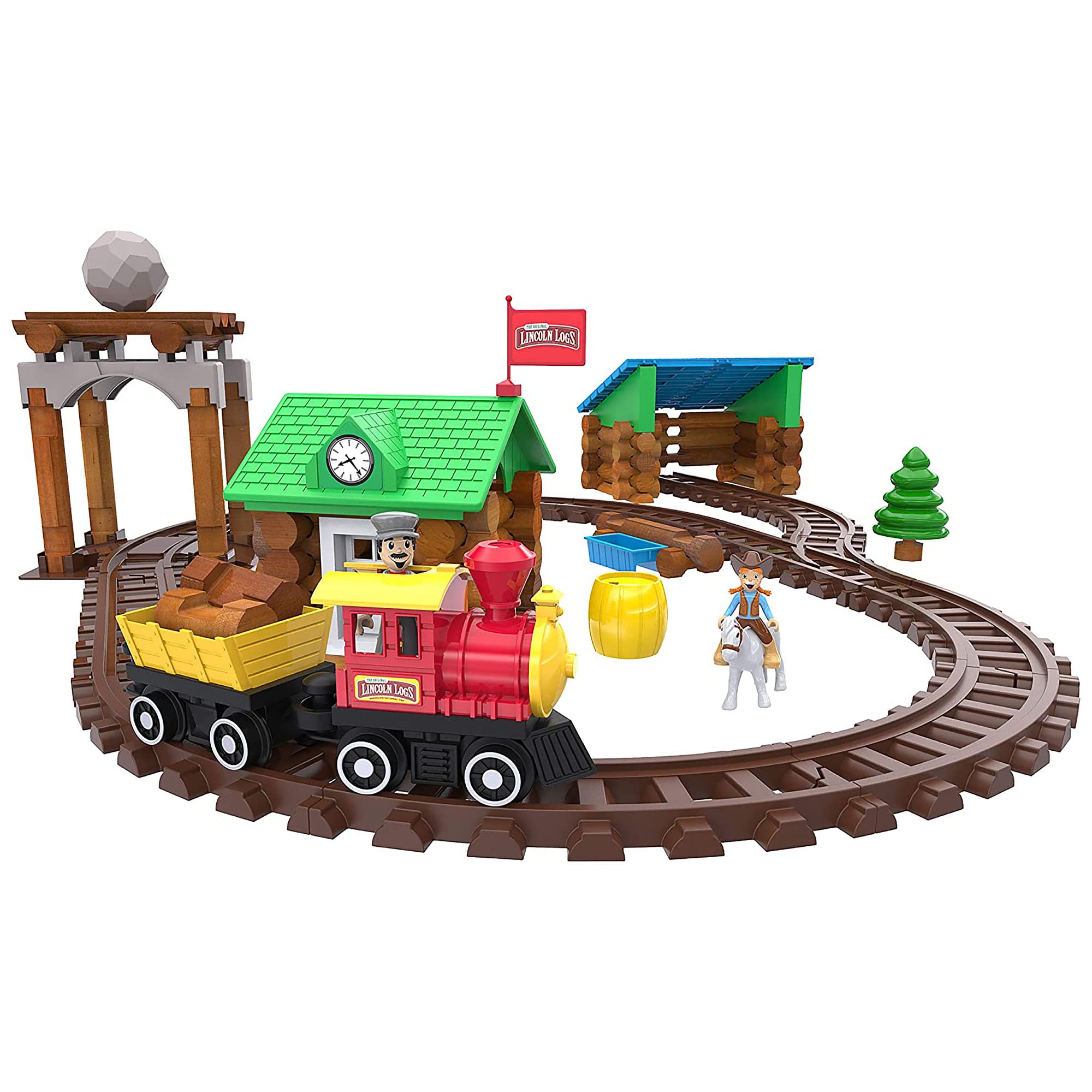 LINCOLN LOGS-Sawmill Express Train - 101 Parts - Real Wood Logs - Buildable Train Track-Ages 3+ - Best Retro Building Gift Set for Boys/Girls-Creative Construction Engineering-Preschool Education Toy