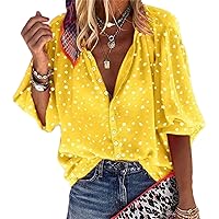 Dressy Tops for Women's Summer Casual V Neck 3/4 Bell Sleeve Loose Blouse Top Button Down Shirt
