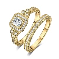 JewelryPalace Vintage 14K Gold Plated 925 Sterling Silver Halo Engagement Ring Wedding Band Bridal Sets