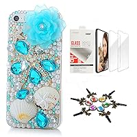 STENES Bling Case Compatible with iPhone 5/5S/SE - Stylish - 3D Handmade [Sparkle Series] Rose Starfish Shell Design Cover with Screen Protector [2 Pack] - Blue