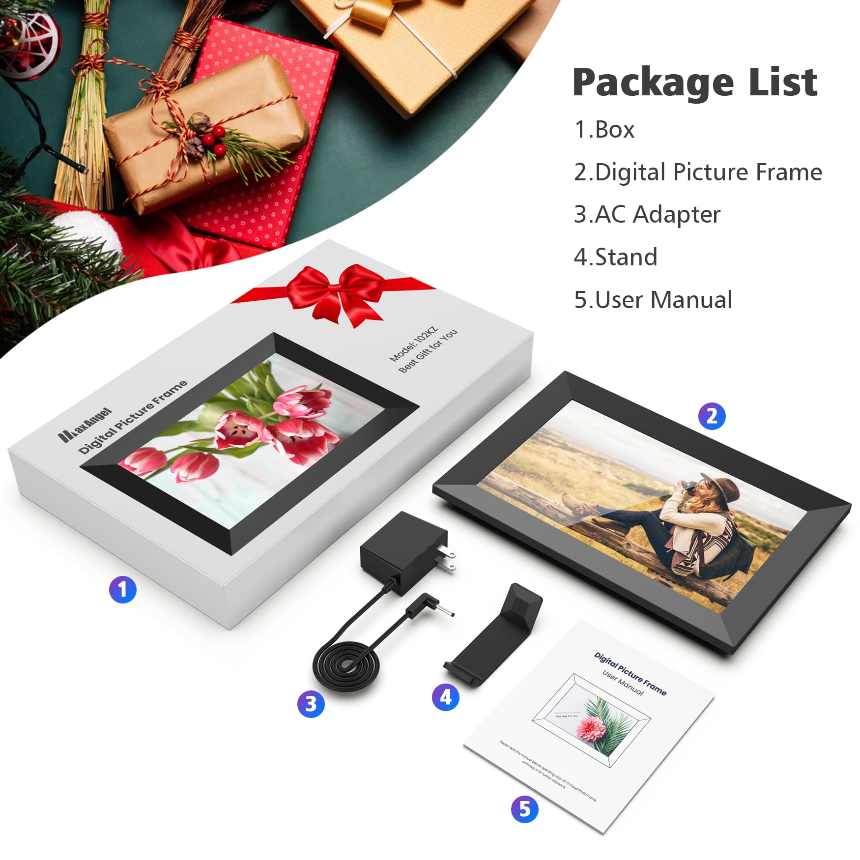 MaxAngel Digital Picture Frame 10.1 Inch WiFi Electronic Photo Frame 16GB Storage SD Card Slot Desktop IPS Touch Screen HD Display Auto-Rotate Slideshow Share Videos Photos Remotely Via App