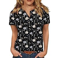 Women Shirts Dressy Casual T-Shirts Fashion Floral V Neck Button Down Tees Spring Casual Short Sleeve Tops Tunic with