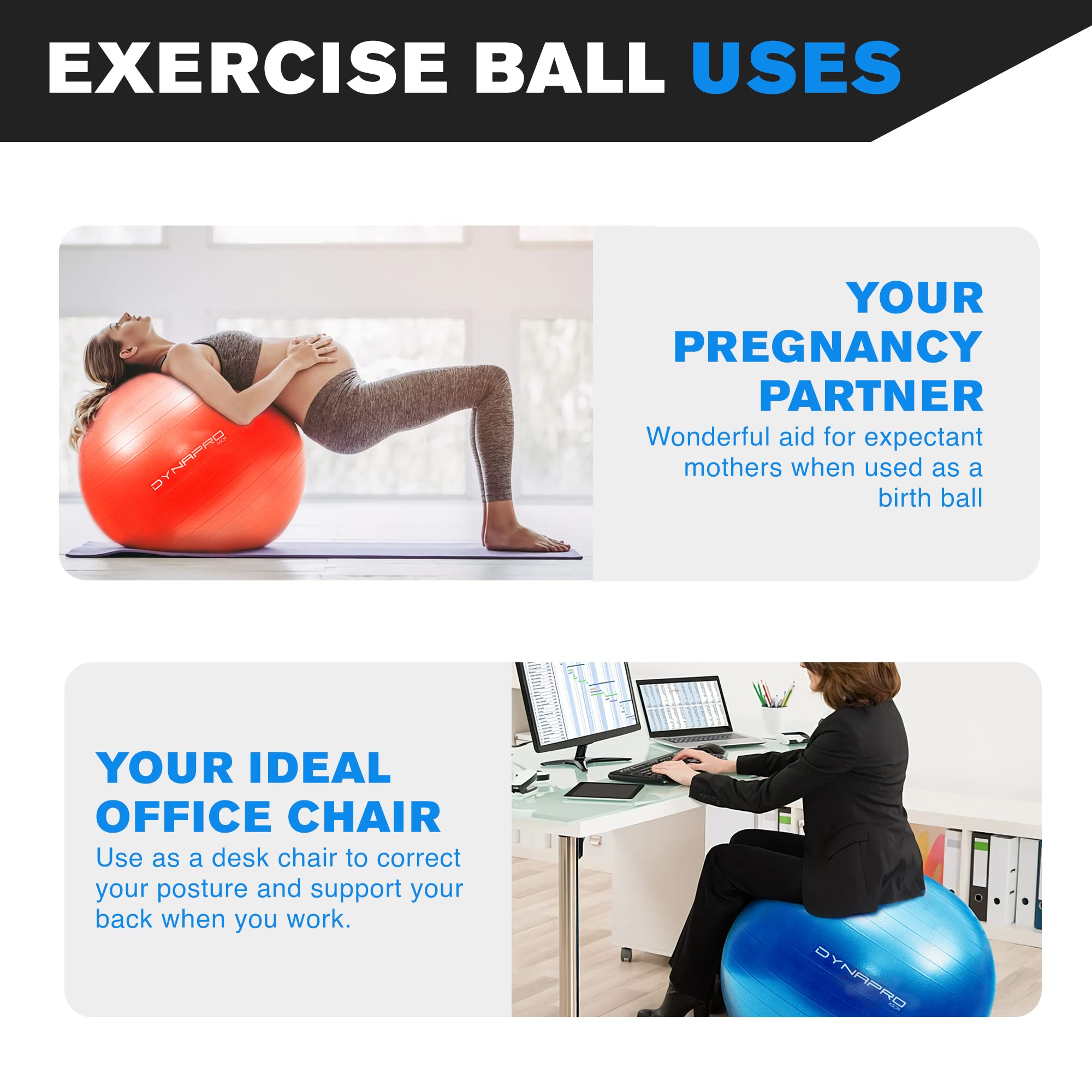 DYNAPRO Exercise Ball – Extra Thick Eco-Friendly & Anti-Burst Material Supports over 2200lbs, Stability Ball for Home, Yoga, Gym Ball, Birthing Ball, Physio Ball, Swiss Ball, Physical Therapy or Pregnancy