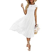 MEROKEETY Women's Summer Flutter Short Sleeve Smocked Midi Dress Swiss Dot Flowy Tiered Dresses