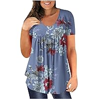 Women's Plus Size Tunic Tops Casual Summer Short Sleeve Crew Neck T Shir Fashion Floral Print Henley Shirts Hide Belly Blouse