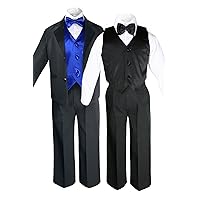 7pc Formal Boy Black Royal Blue Suit Tuxedo Bow Tie Vest Set (S-20)