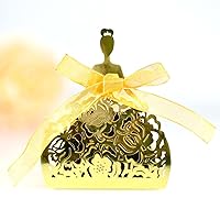 50 Pack Laser Cut Girl Rose Wedding Candy Boxes with Ribbon Party Favor Boxes Small Gift Boxes for Wedding Bridal Shower Anniversary Birthday Party (Metallic Gold)