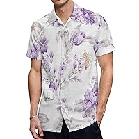 Lavender Purple Floral Print Men's Short Sleeve Shirt Casual Loose Button Down Shirts for Work Beach Vacation