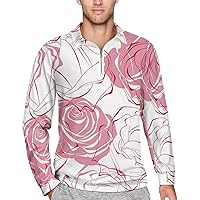 Pink Roses Mens Long Sleeve Polo Shirts Zippered Quarter Sweatshirts Golf Tennis T-Shirt Tops