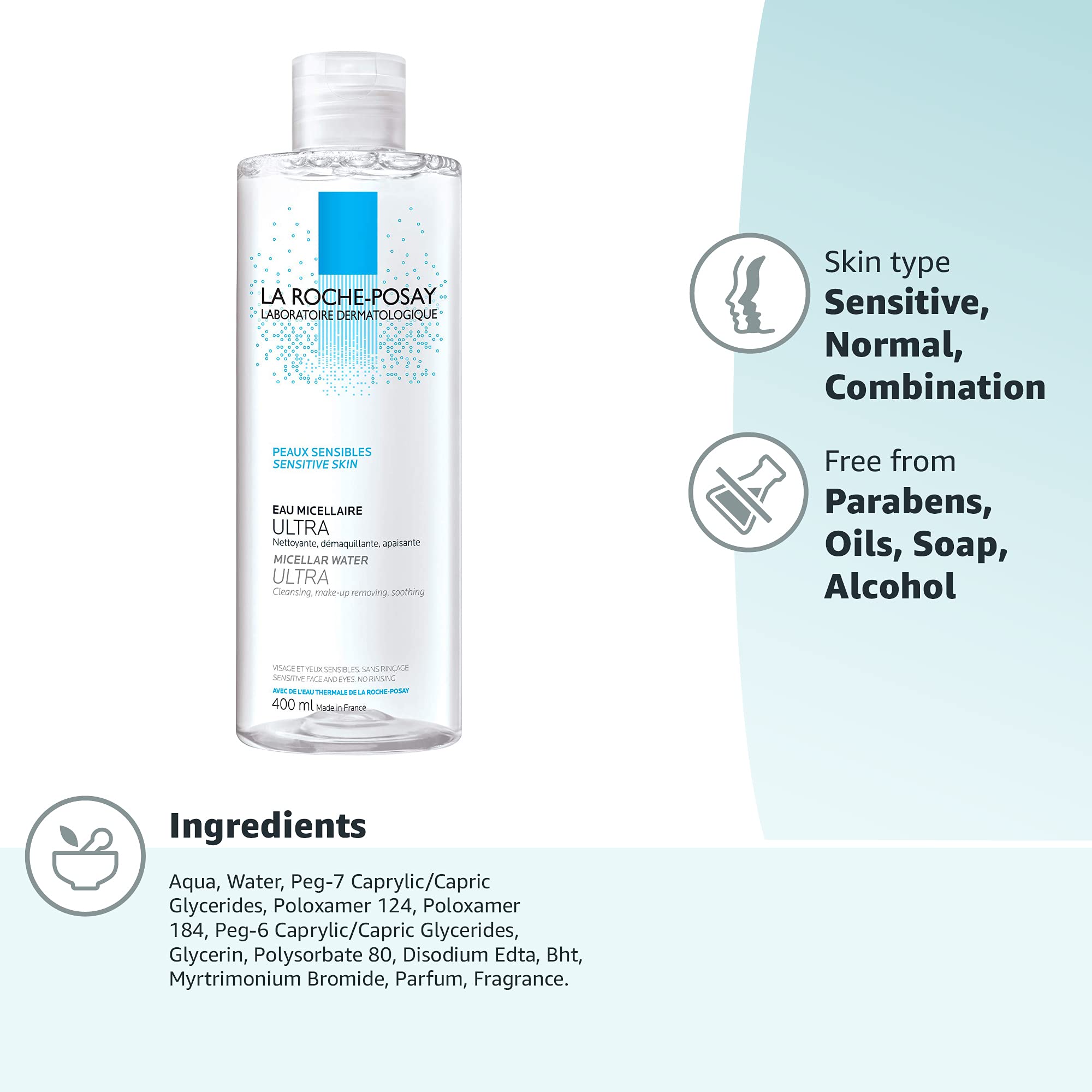 La Roche-Posay Micellar Cleansing Water for Sensitive Skin, Micellar Water Makeup Remover, Cleanses and Hydrates Skin, Gentle Face Toner, Oil Free and Alcohol Free