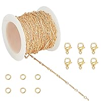 CHGCRAFT 1 roll 16.4feet Brass Bar Link Real 18K Gold Plated Cable Chains Brass Figaro Chains Making Link Chain with Unsoldered Jump Rings & Lobster Claw Clasps for Jewelry Making