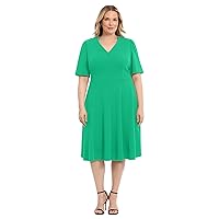 Donna Morgan Women's Plus Size Stretch Crepe Elbow Sleeve V-Neck Fit and Flare Midi Dress
